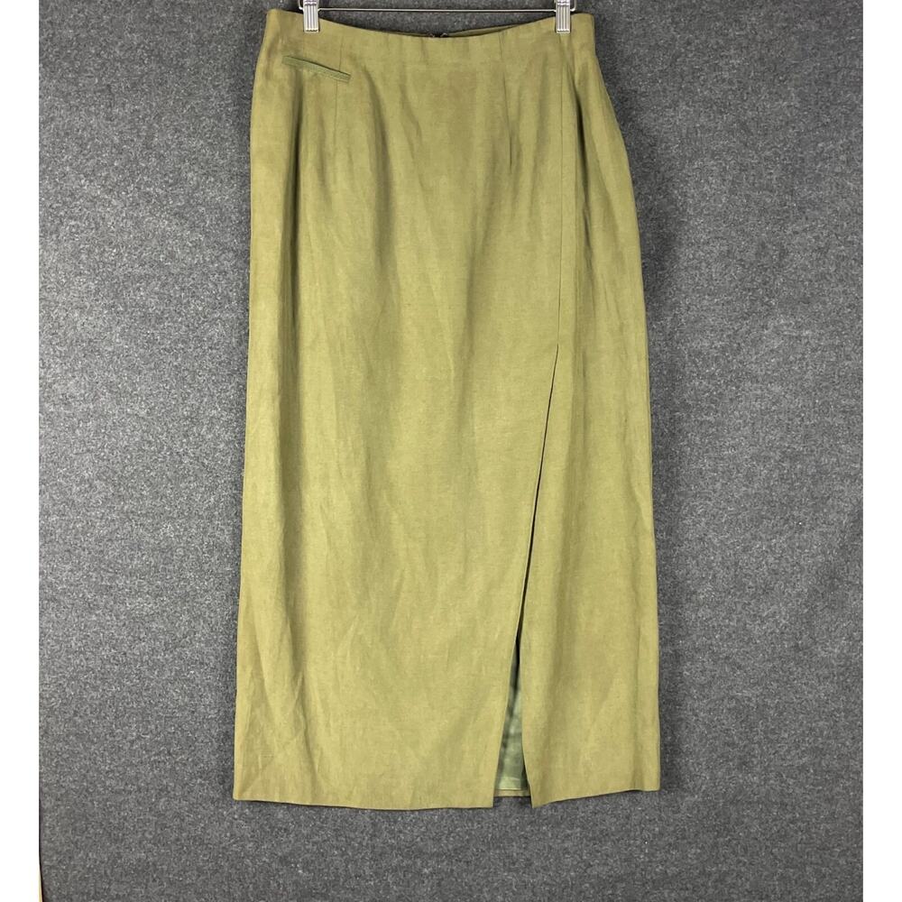 Vintage Worth Silk Linen Long Skirt Women 14 Green Straight Slit Classic Minimal